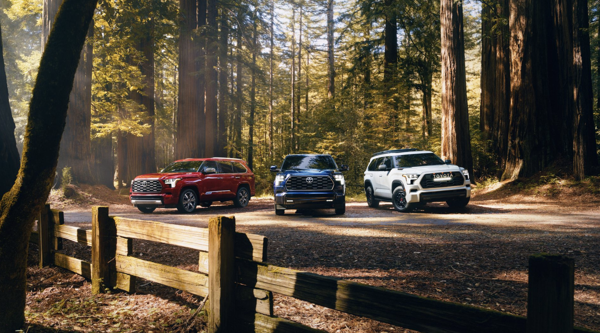 2024 Toyota Sequoia Capstone 4WD shown in Supersonic Red, * Platinum 4WD shown in Blueprint, and TRD Pro shown in Ice Cap near Newark