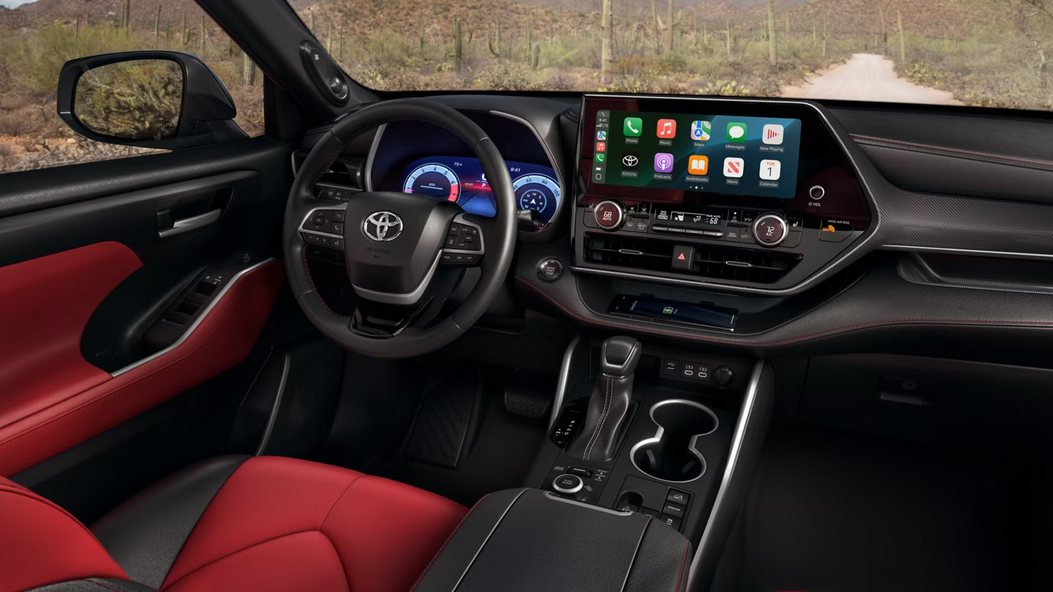Cockpit Red leather trim in the 2025 Toyota Highlander for sale near Newark, OH.