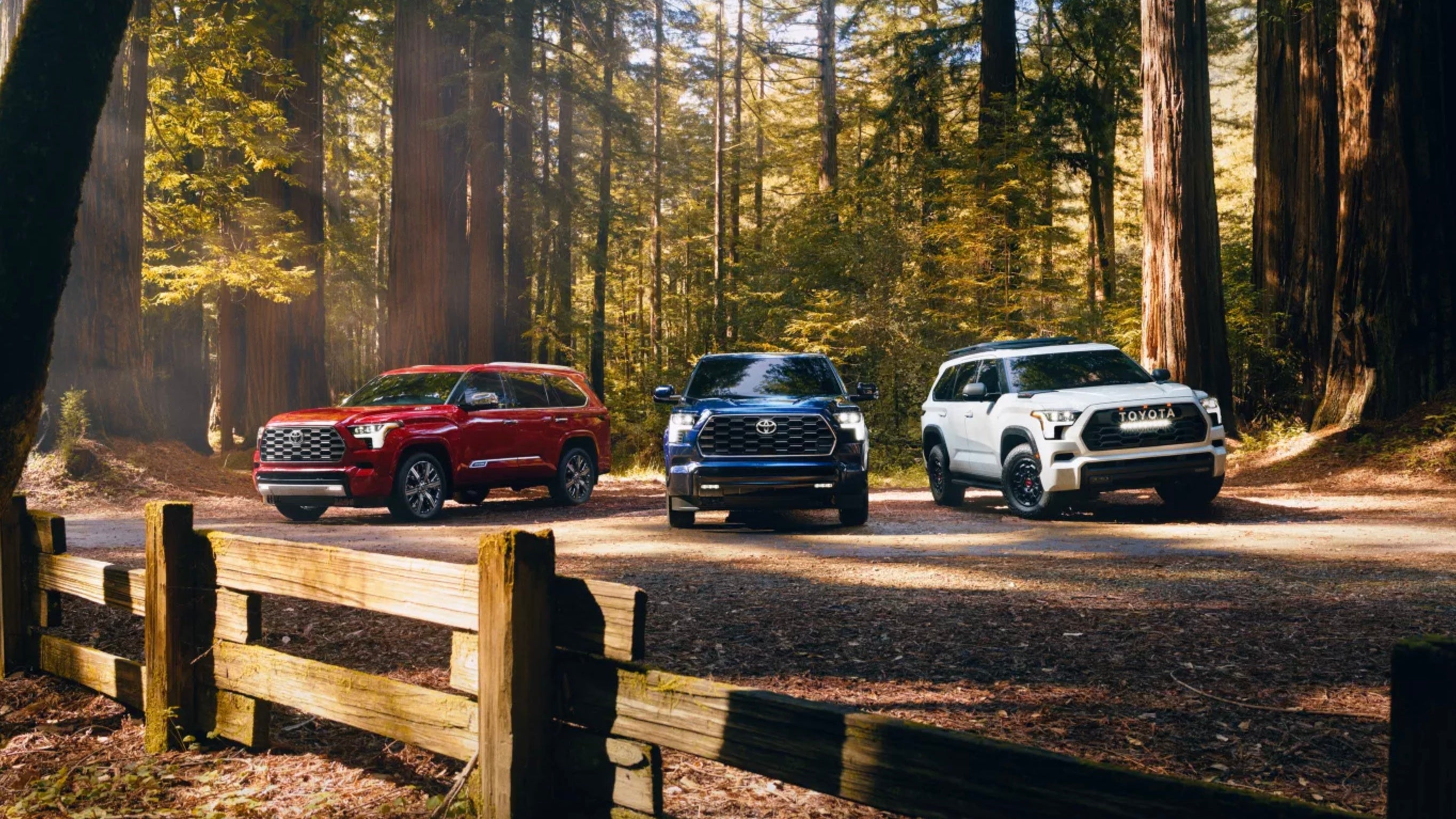 2026 Toyota Sequoia Capstone shown in Supersonic Red, Platinum shown in Blueprint, and TRD Pro shown in Ice Cap for sale near Newark